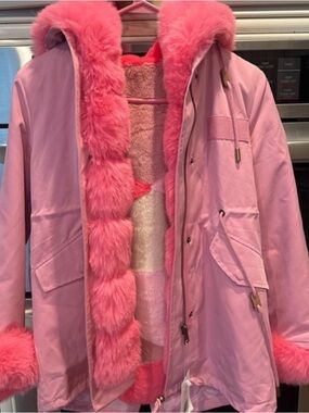 Lola + The Boys Pink Faux-Fur Trim Hooded Puffer Jacket